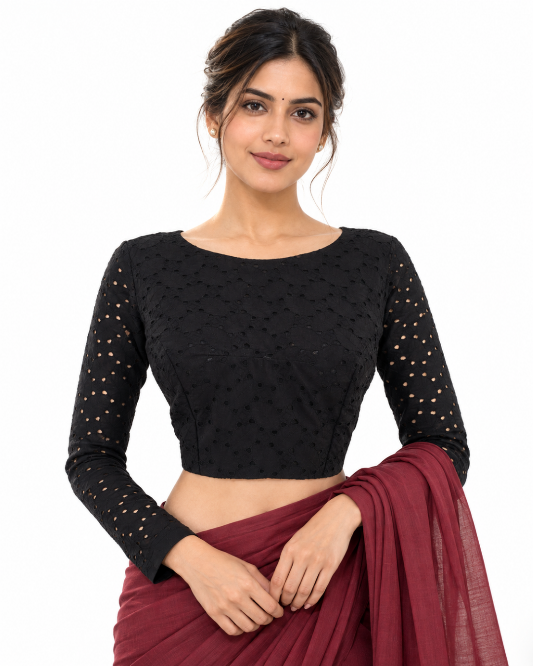 Cutwork Cotton Boatneck Blouse with Lining, Backopen, Black, BW1073