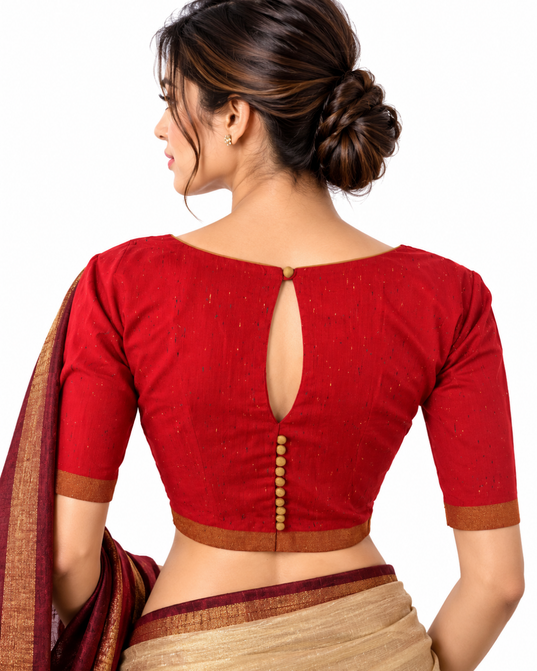 Semi Raw Silk Sweetheart Neck Blouse with Keyhole Back, Potli Button Details & Lining, Red, BS1201