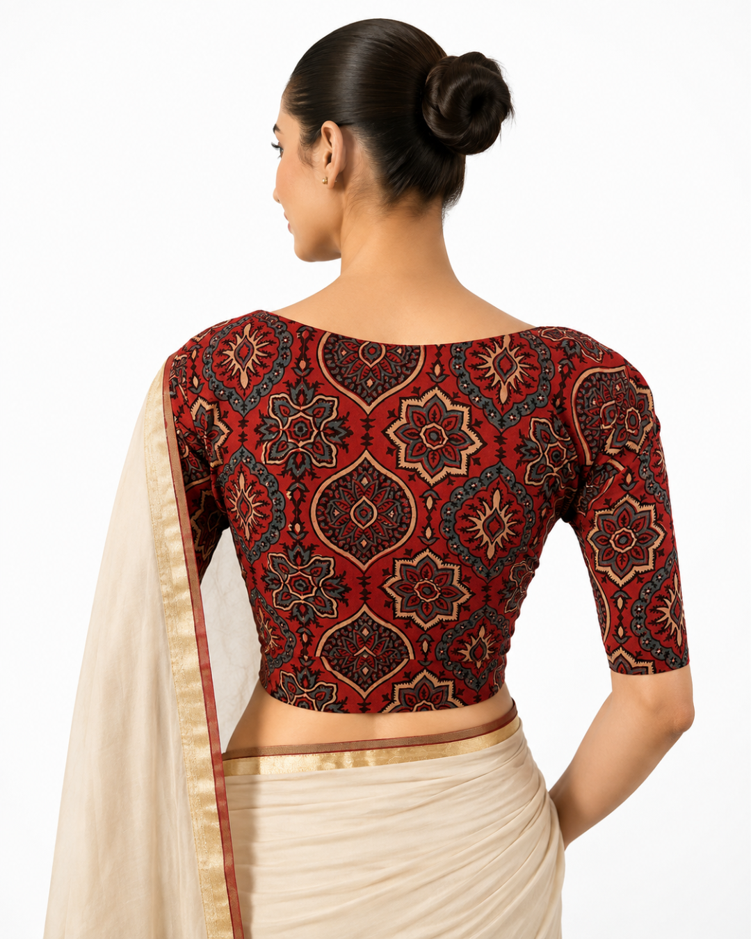 Ajrakh Cotton Square neck Blouse, Rust , BA1168