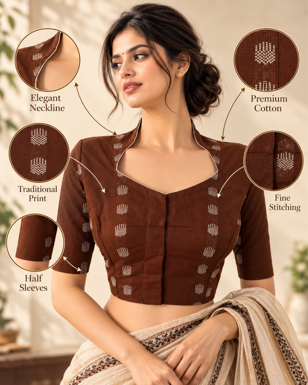 Jacquard Cotton High neck Blouse with lining , Brown, BH1290
