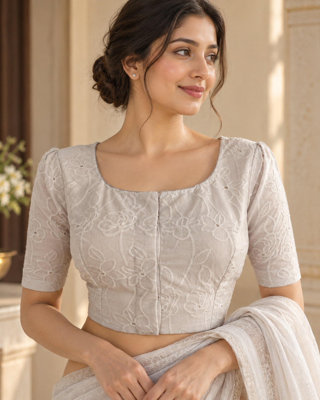 Hakoba Cotton Round neck Blouse with Lining, White, BW1144