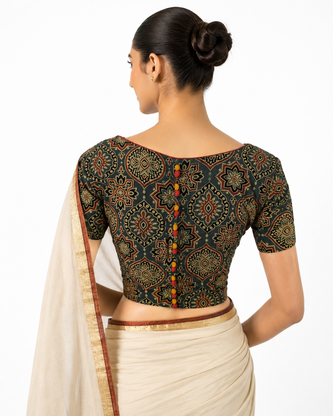 Ajrakh Cotton Sweetheart Neck Blouse with Short Sleeves & Potli Button Details , Green , BA1171