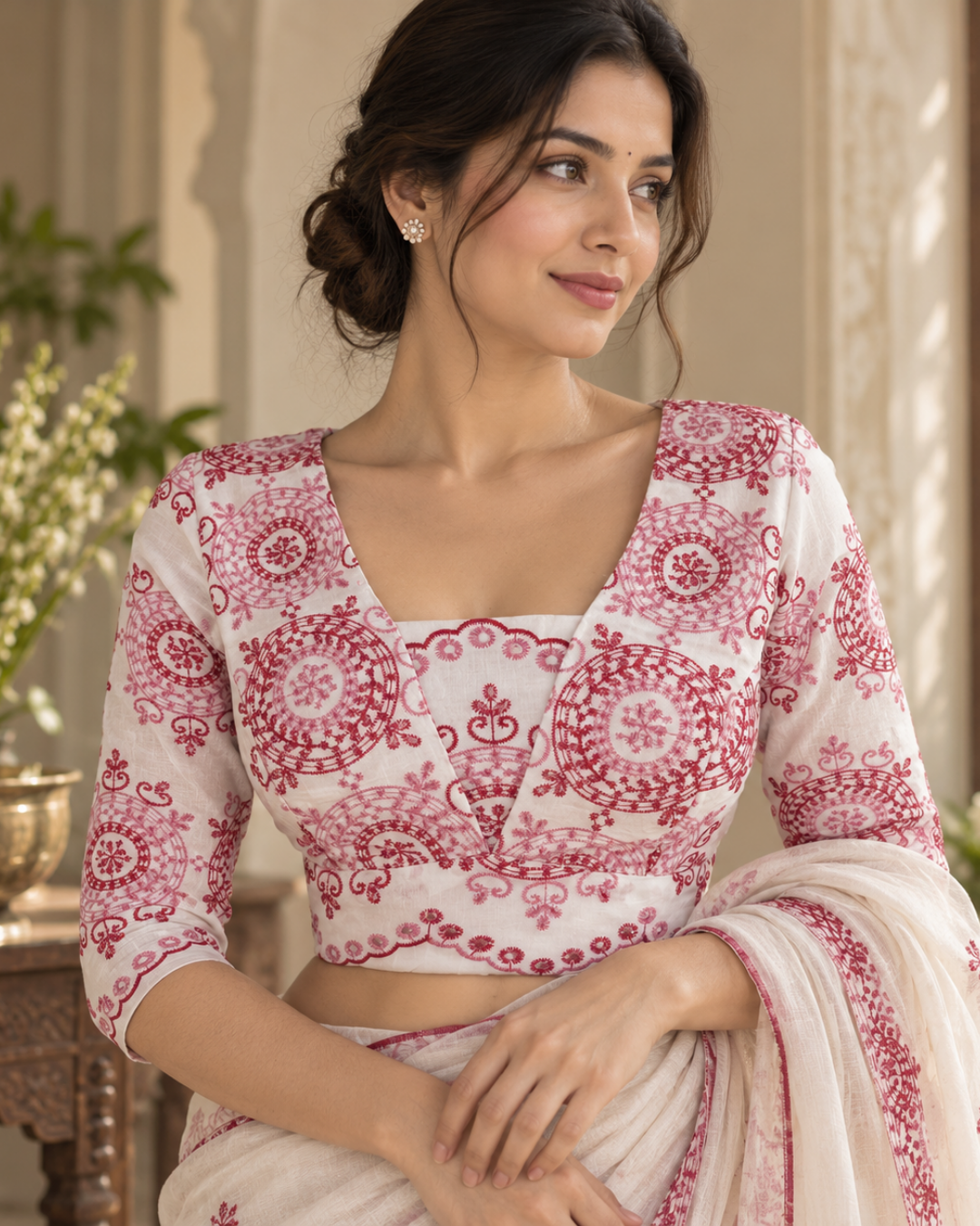 Embroidered Cotton Blouse with Back Zip Opening and Lining, White , BW1173