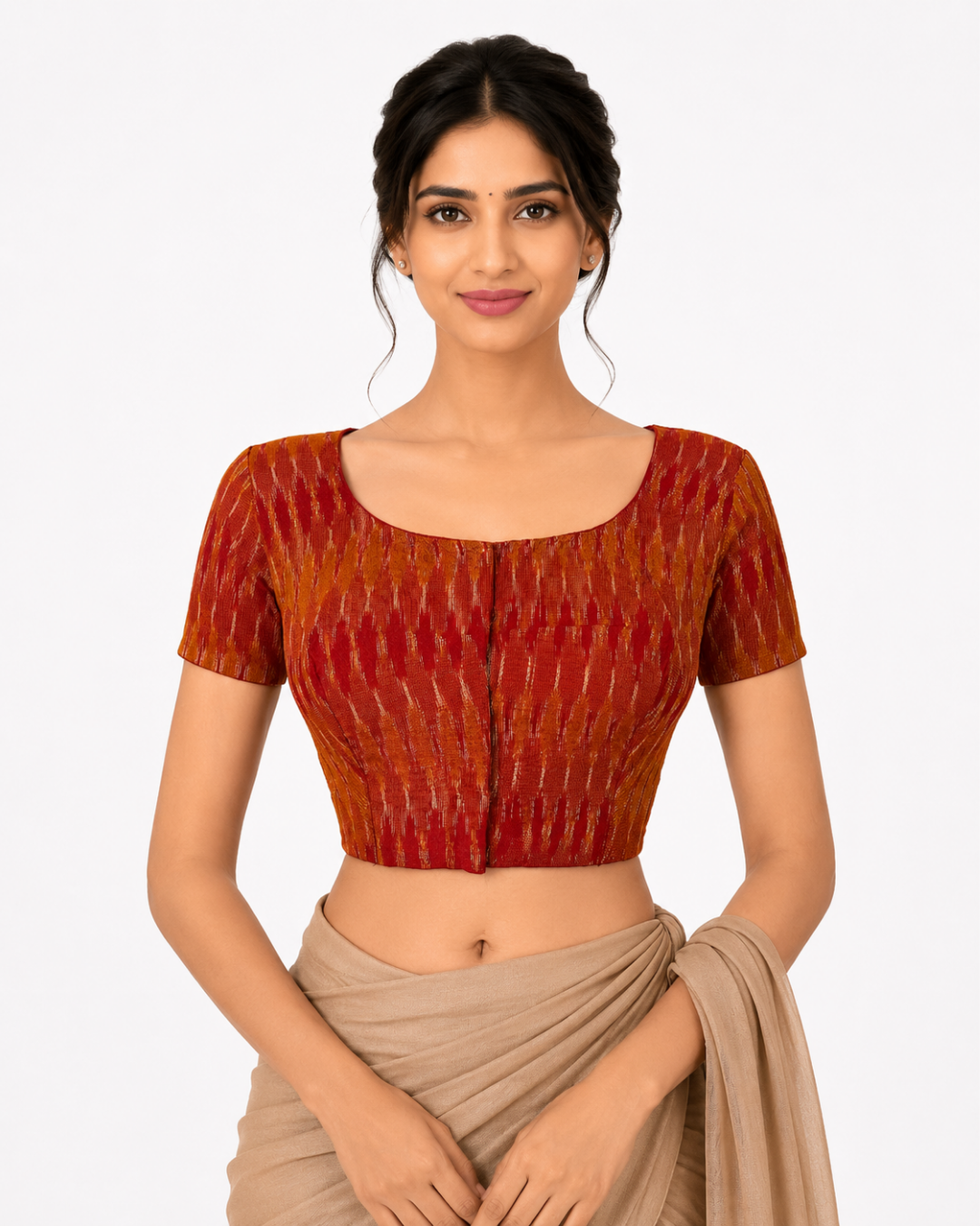 Ikat Cotton Round neck Blouse with Short Sleeves, Rust, BI1163
