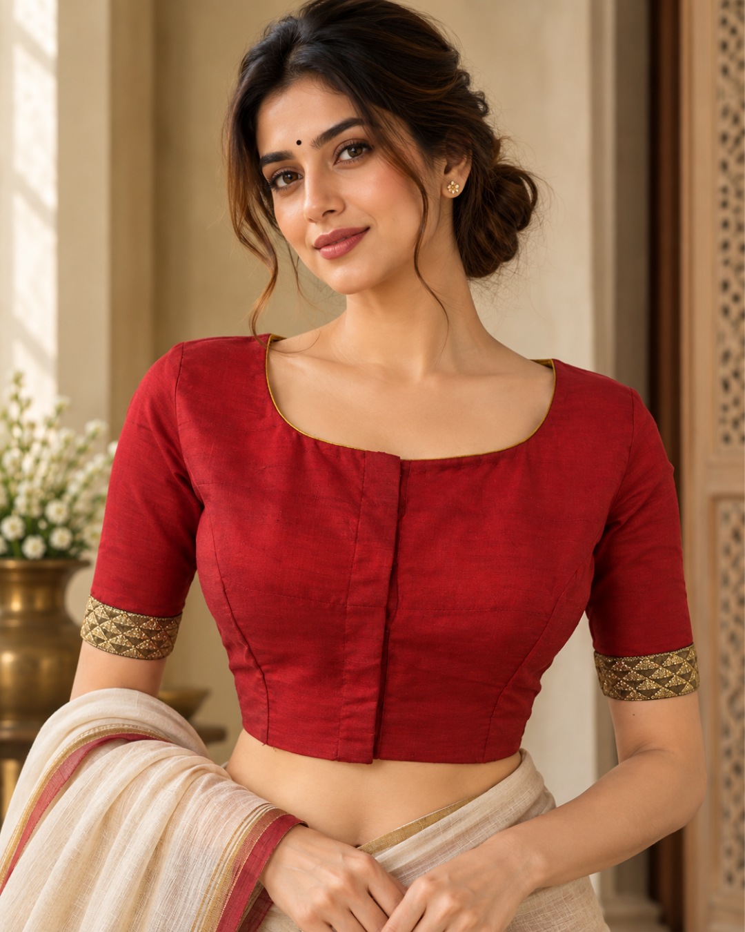 Semi Raw Silk Boatneck Blouse with Zari Lace Border, Metal details & Lining, Red, BS1133