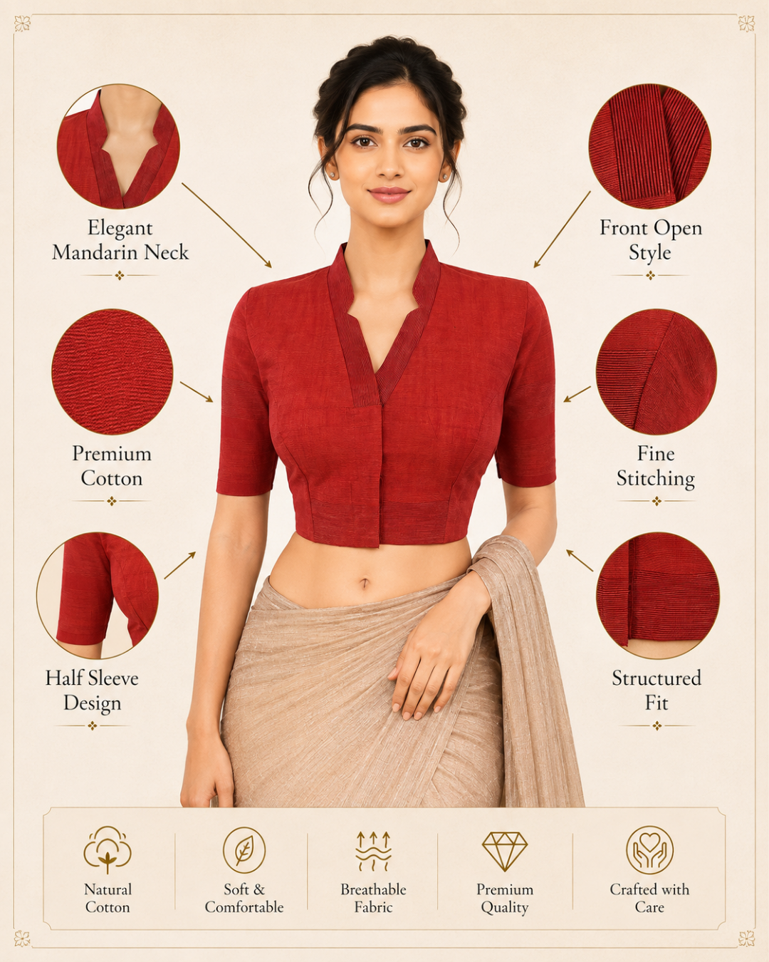 Handloom Woven Cotton V-collar Blouse , Rust- Orange , BH1301