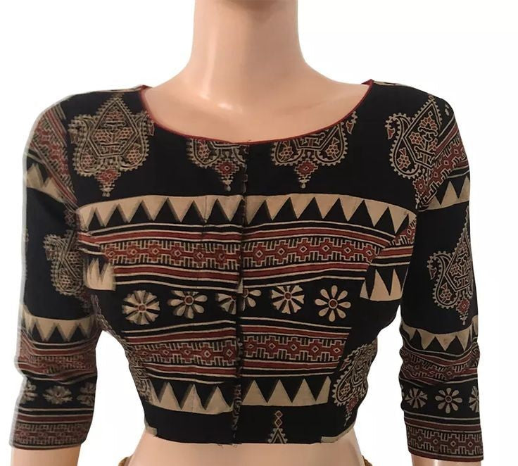 Ajrakh Cotton Boatneck Blouse, Black, BA1093