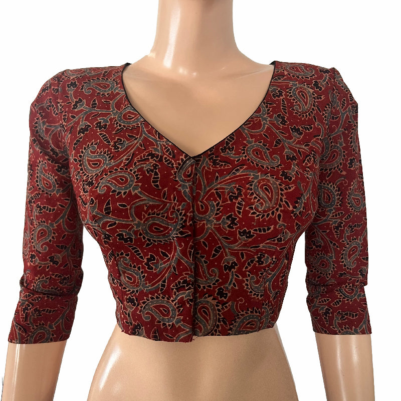Ajrakh Cotton V neck Blouse, Maroon , BA1123