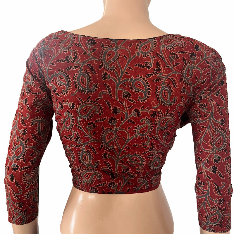 Ajrakh Cotton V neck Blouse, Maroon , BA1123