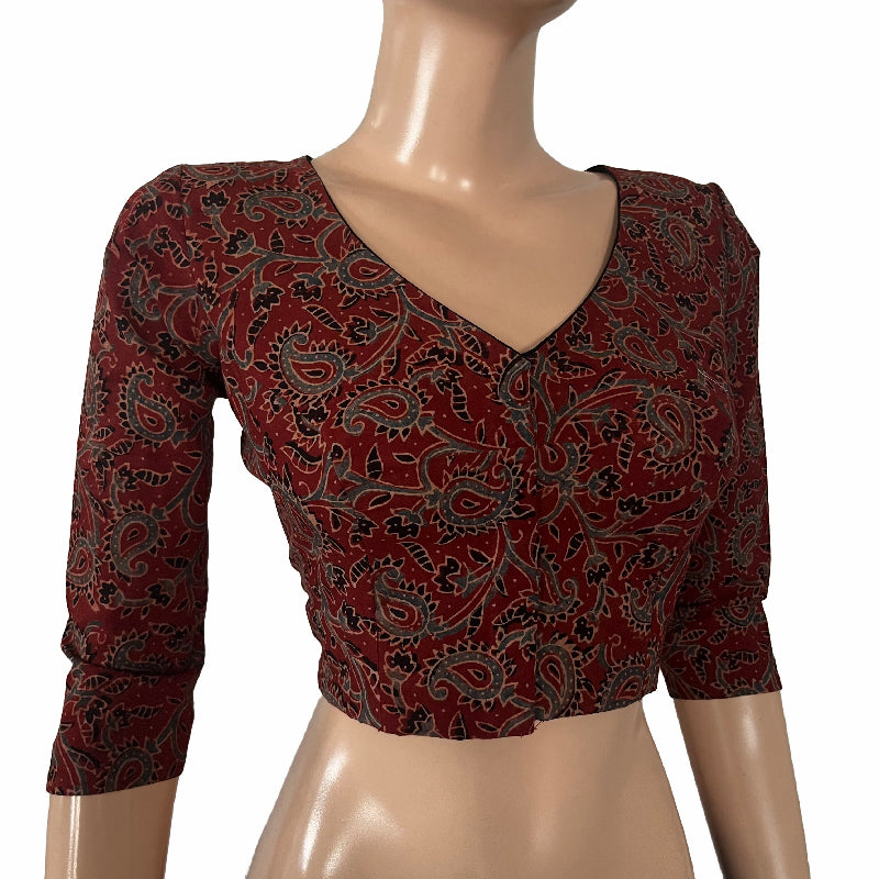Ajrakh Cotton V neck Blouse, Maroon , BA1123