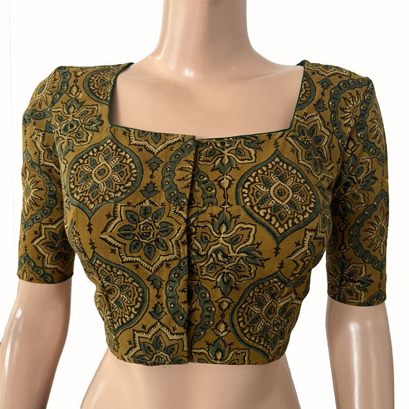Ajrakh Cotton Square neck Blouse, Mustard , BA1129