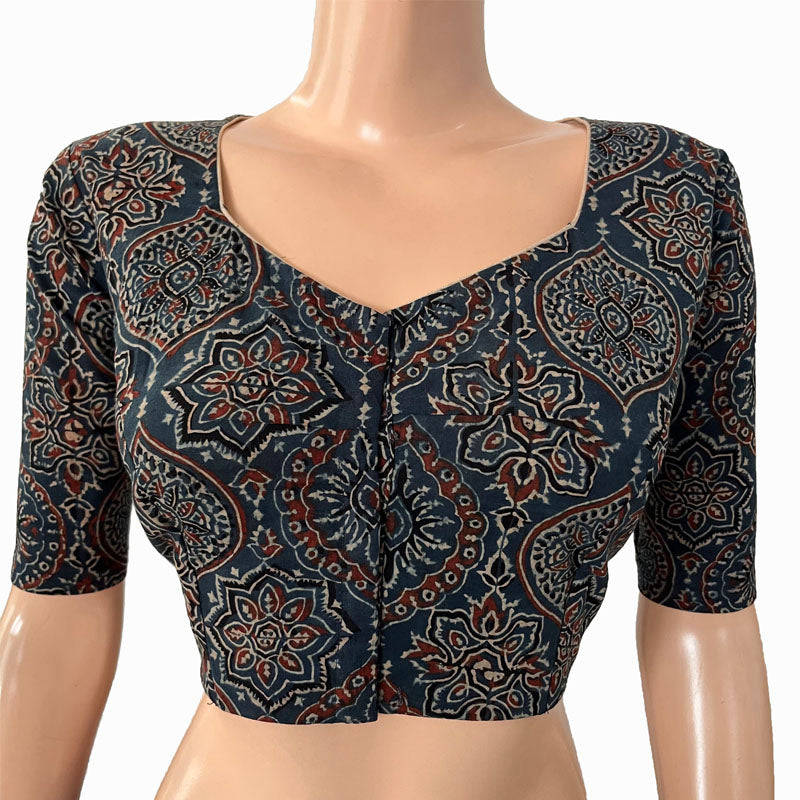 Ajrakh Cotton Sweetheart neck Blouse, Indigo blue, BA1132
