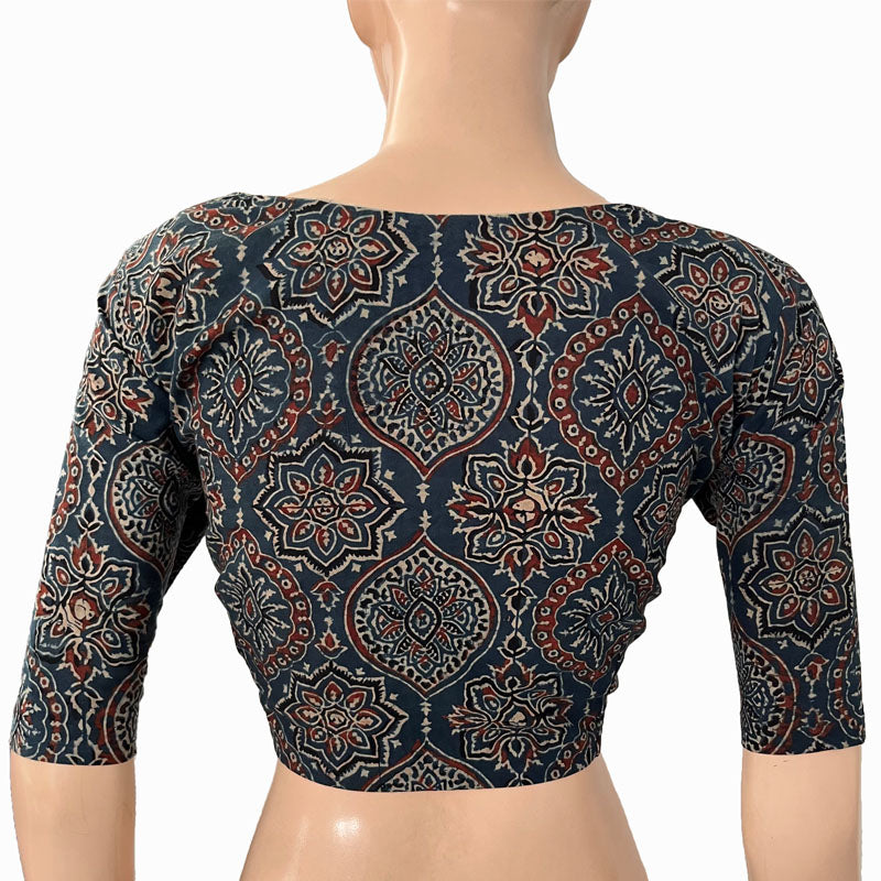 Ajrakh Cotton Sweetheart neck Blouse, Indigo blue, BA1132