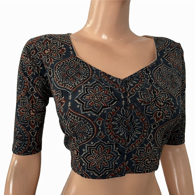 Ajrakh Cotton Sweetheart neck Blouse, Indigo blue, BA1132