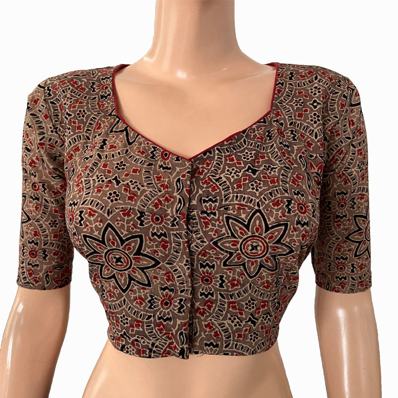 Ajrakh Cotton Sweetheart neck Blouse, Brown, BA1133