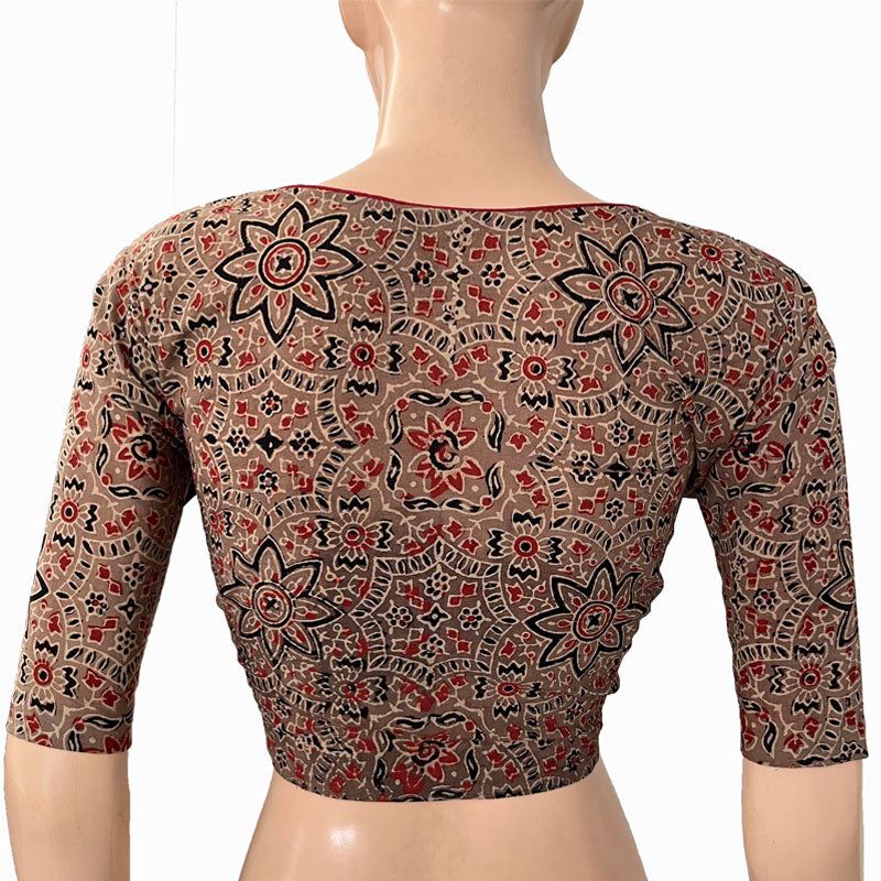 Ajrakh Cotton Sweetheart neck Blouse, Brown, BA1133