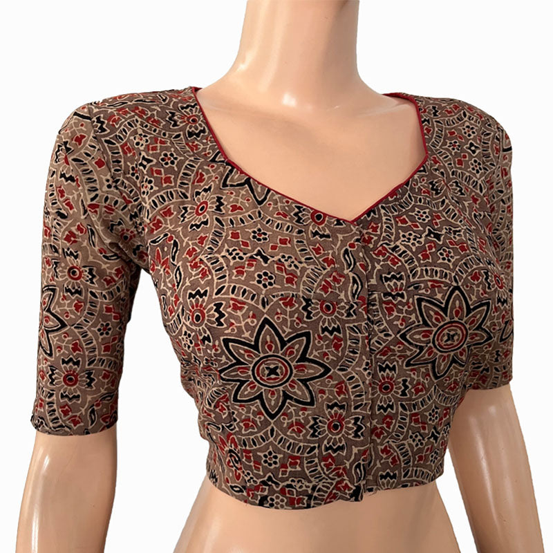 Ajrakh Cotton Sweetheart neck Blouse, Brown, BA1133