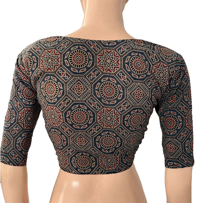 Ajrakh Cotton Sweetheart neck Blouse, Indigo blue, BA1134