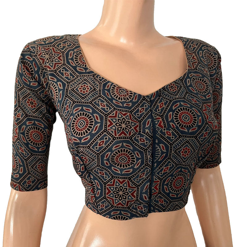 Ajrakh Cotton Sweetheart neck Blouse, Indigo blue, BA1134