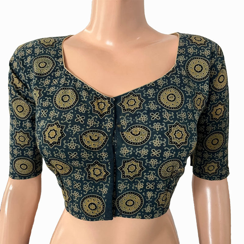 Ajrakh Cotton Sweetheart neck Blouse, Indigo blue, BA1137