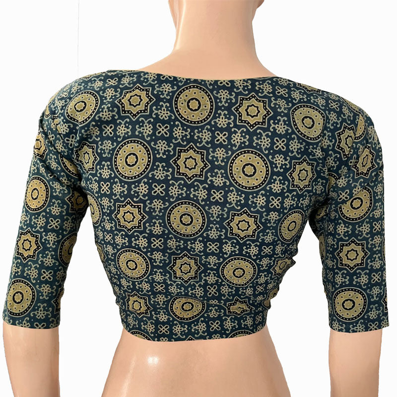 Ajrakh Cotton Sweetheart neck Blouse, Indigo blue, BA1137