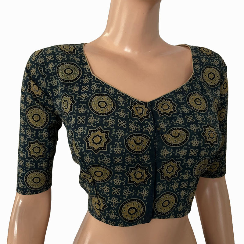 Ajrakh Cotton Sweetheart neck Blouse, Indigo blue, BA1137