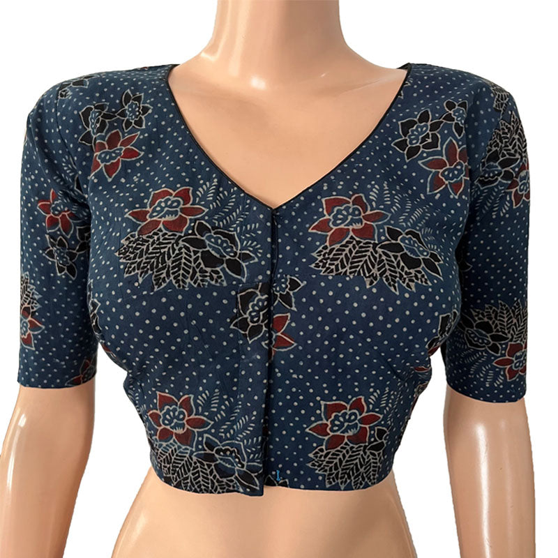 Ajrakh Cotton V neck Blouse, Indigo blue, BA1139