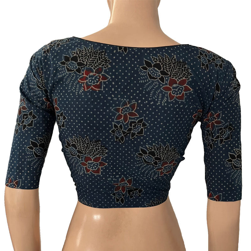Ajrakh Cotton V neck Blouse, Indigo blue, BA1139