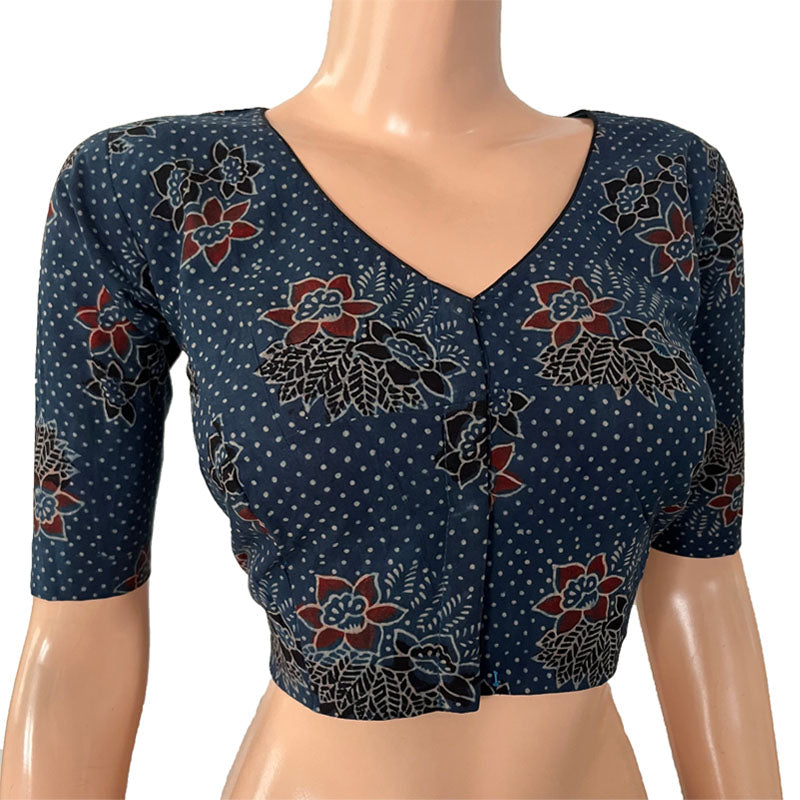 Ajrakh Cotton V neck Blouse, Indigo blue, BA1139