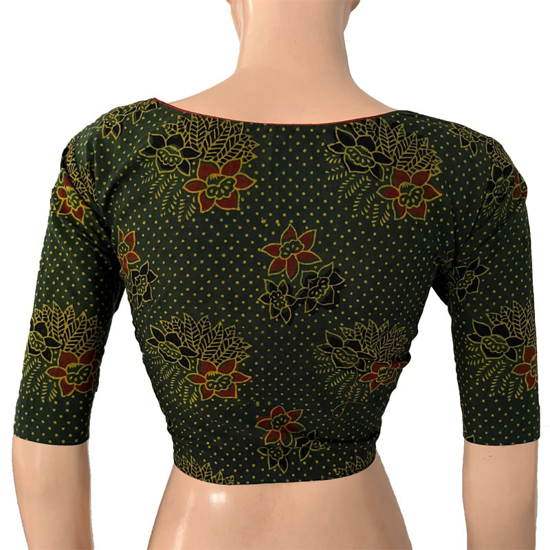 Ajrakh Cotton V neck Blouse, Bottle Green, BA1140
