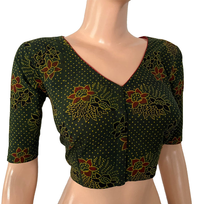 Ajrakh Cotton V neck Blouse, Bottle Green, BA1140