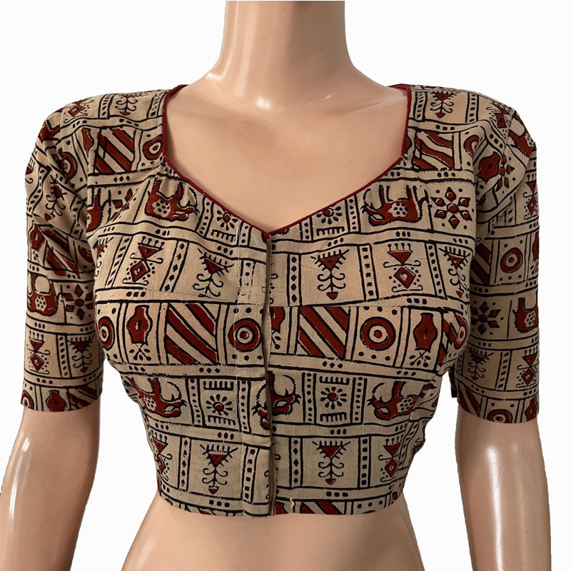 Ajrakh Cotton Sweetheart neck Blouse, Beige, BA1141