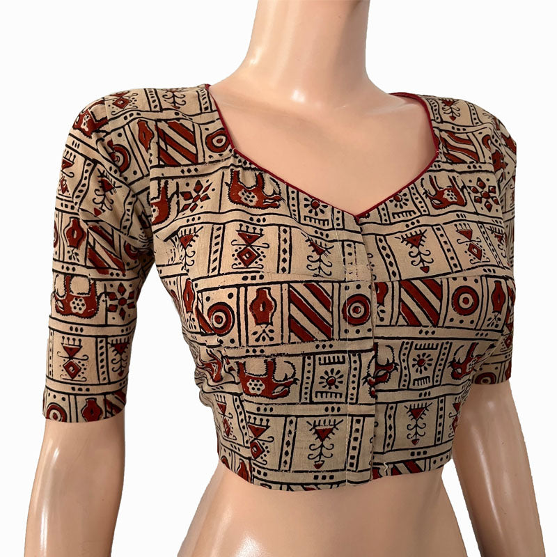 Ajrakh Cotton Sweetheart neck Blouse, Beige, BA1141