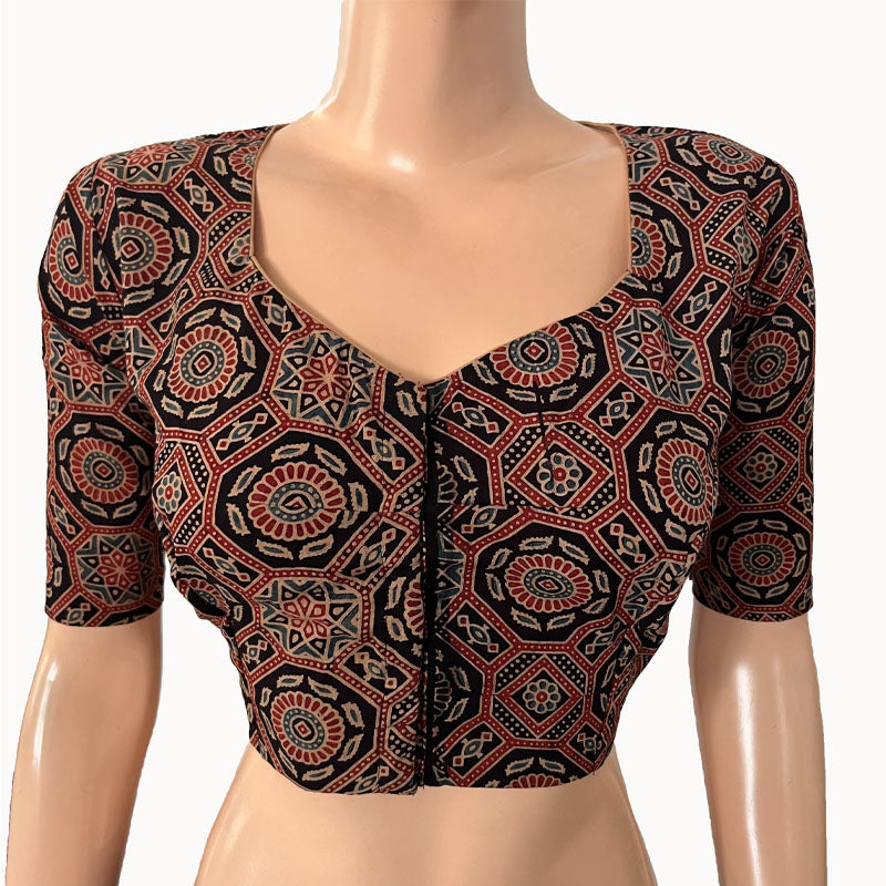 Ajrakh Cotton Sweetheart neck Blouse, Black, BA1142