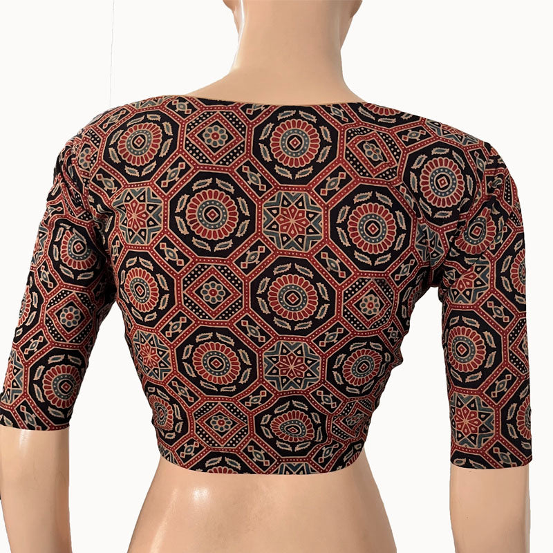 Ajrakh Cotton Sweetheart neck Blouse, Black, BA1142