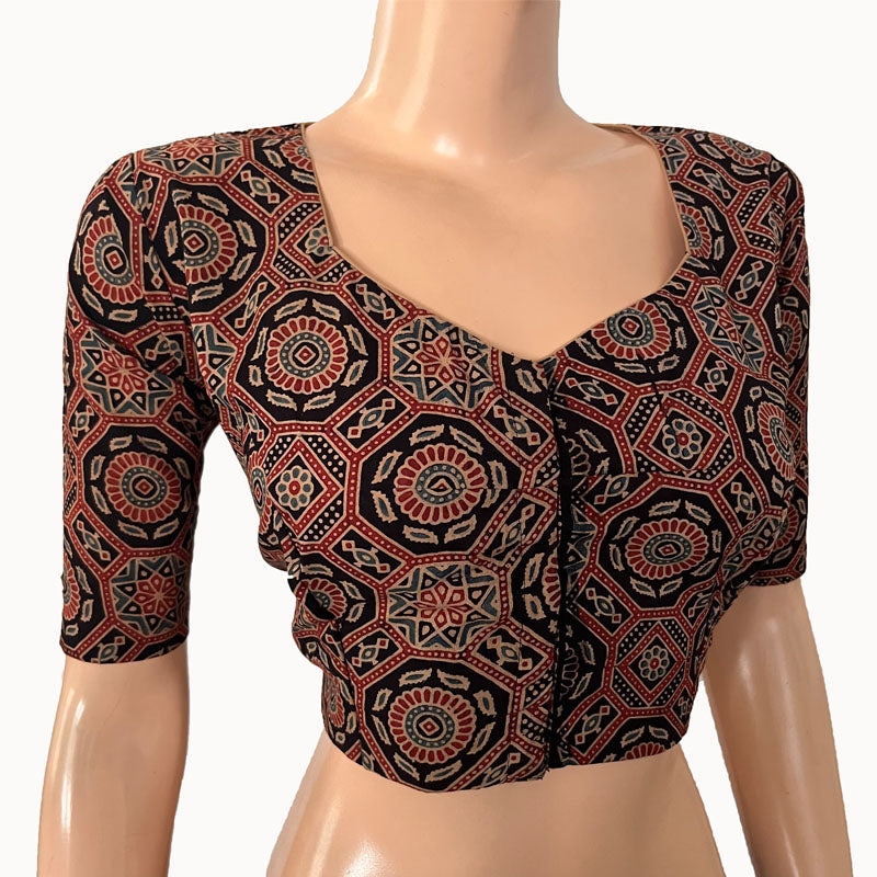 Ajrakh Cotton Sweetheart neck Blouse, Black, BA1142