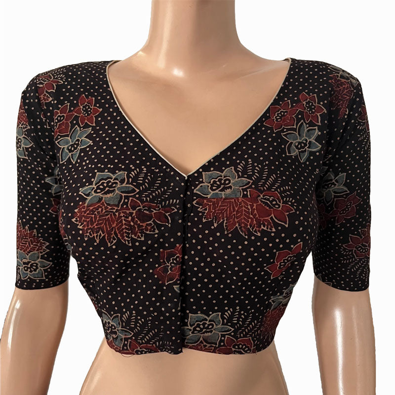 Ajrakh Cotton V neck Blouse, Black, BA1143