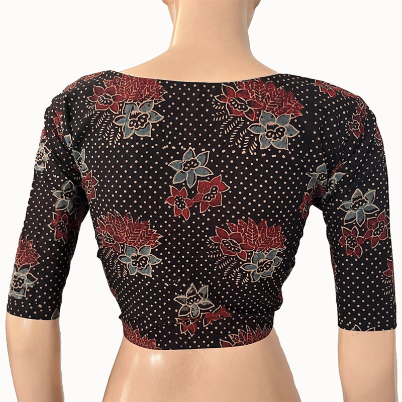 Ajrakh Cotton V neck Blouse, Black, BA1143