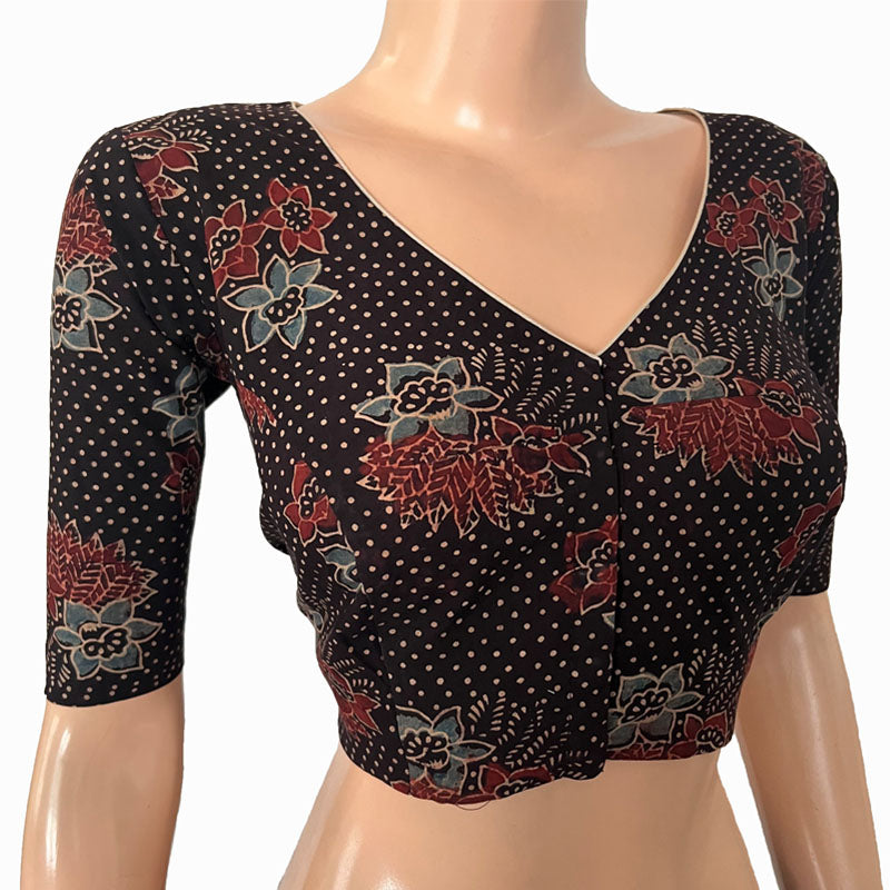 Ajrakh Cotton V neck Blouse, Black, BA1143
