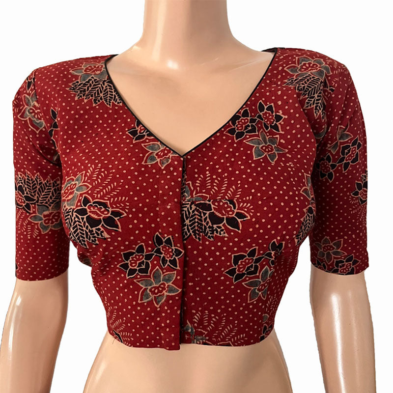 Ajrakh Cotton V neck Blouse, Maroon, BA1144