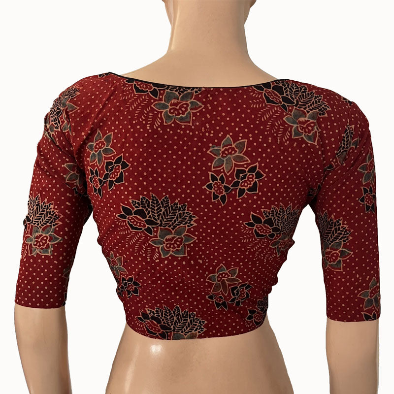 Ajrakh Cotton V neck Blouse, Maroon, BA1144