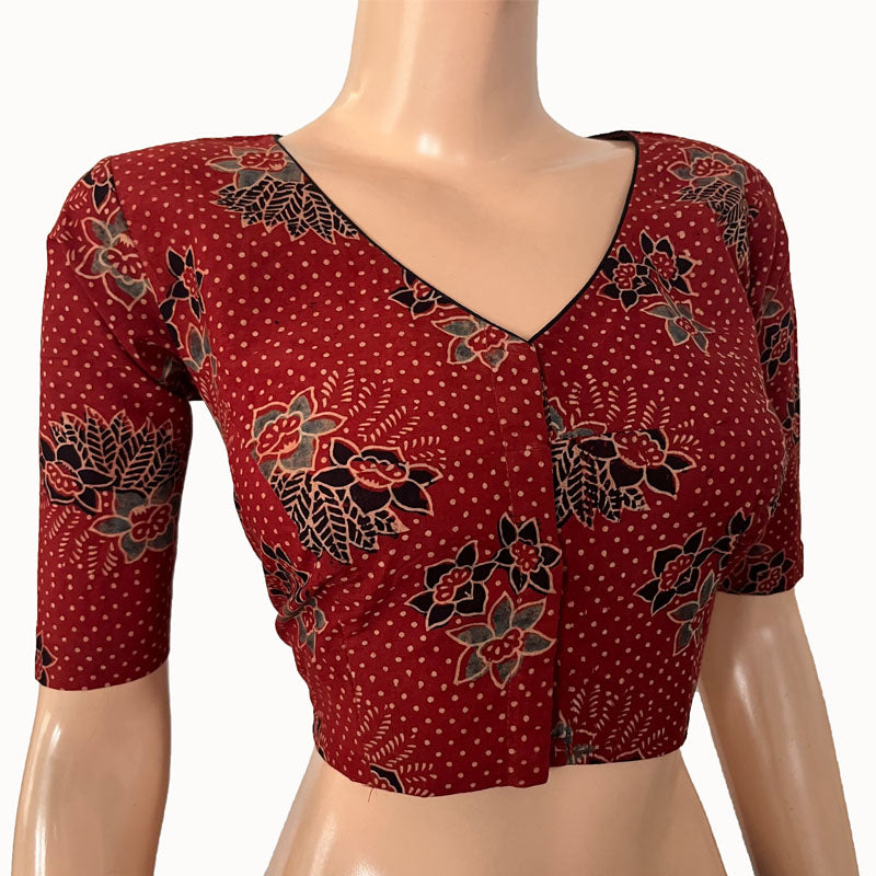 Ajrakh Cotton V neck Blouse, Maroon, BA1144