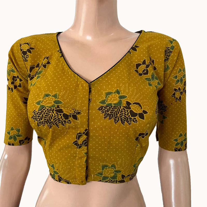 Ajrakh Cotton V neck Blouse, Mustard, BA1145