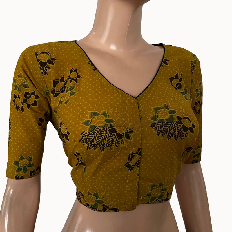 Ajrakh Cotton V neck Blouse, Mustard, BA1145