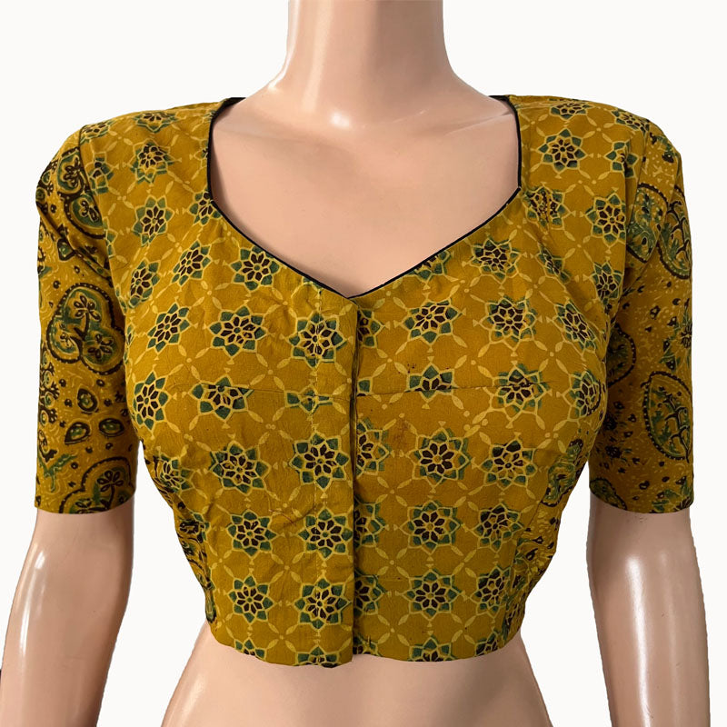 Ajrakh Cotton Sweetheart neck Blouse, Mustard, BA1146