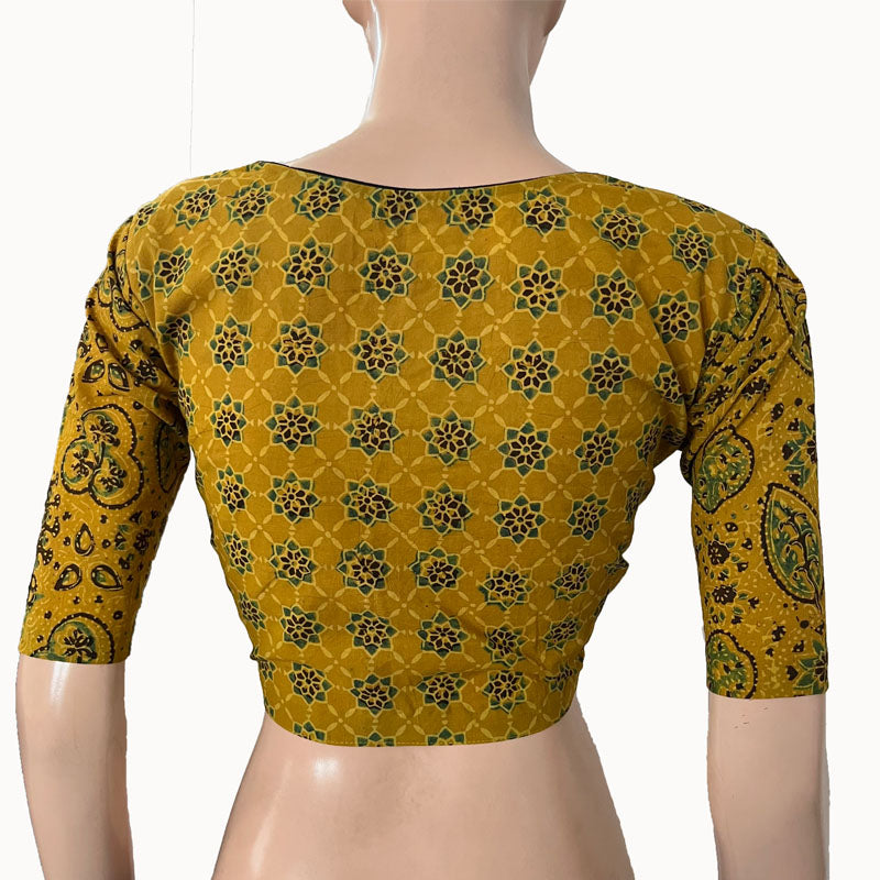 Ajrakh Cotton Sweetheart neck Blouse, Mustard, BA1146