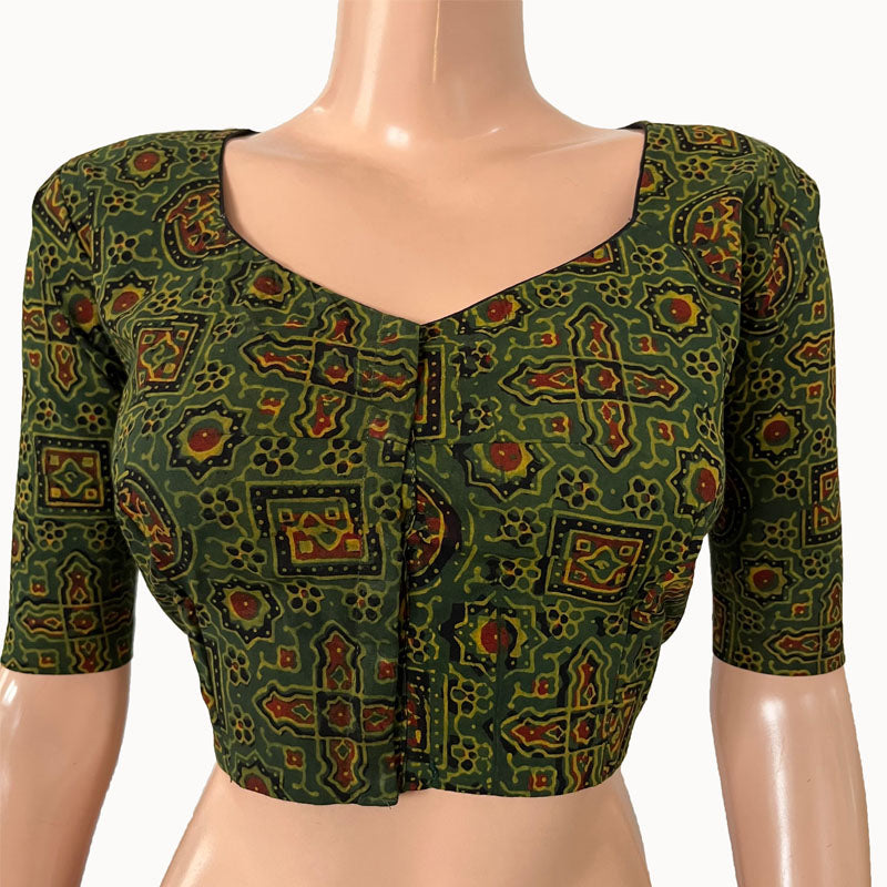 Ajrakh Cotton Sweetheart neck Blouse, Bottle Green, BA1147
