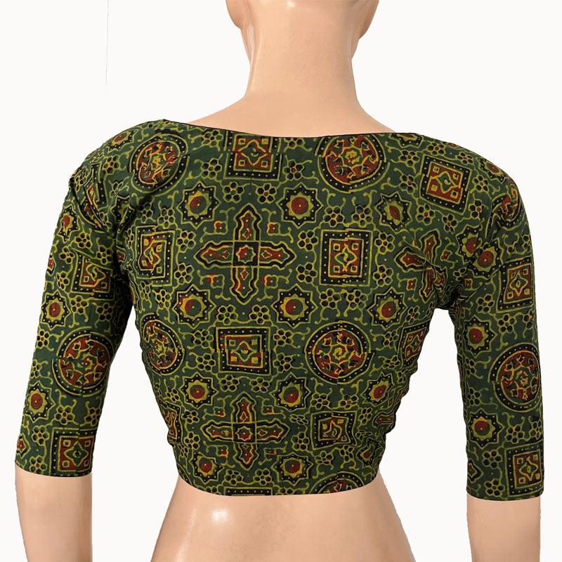 Ajrakh Cotton Sweetheart neck Blouse, Bottle Green, BA1147