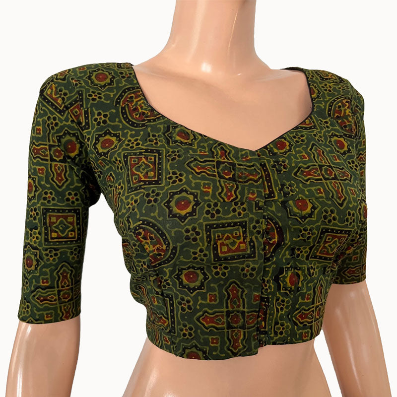 Ajrakh Cotton Sweetheart neck Blouse, Bottle Green, BA1147
