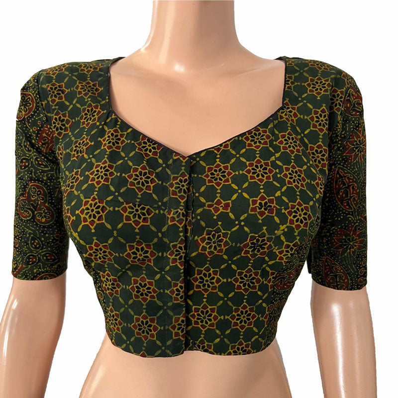 Ajrakh Cotton Sweetheart neck Blouse, Bottle Green, BA1148